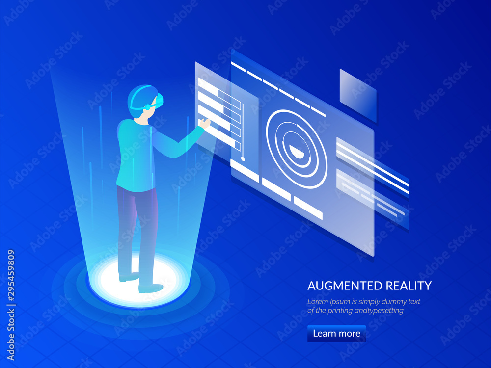 Poster man wearing vr glasses interacting virtual or imaginery world, analysis data for business and managm