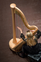 Beautiful girl playing A harp in a concert hall during a concert of classical music
