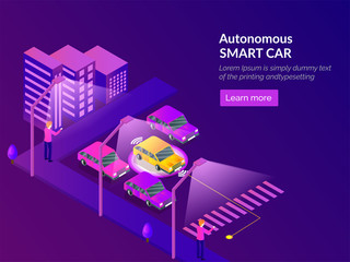 Autonomous Smart Car web template design with isometric illustration of urban city view and smart car on purple background.