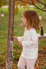 Adorable baby girl playing in a sunny park under a tree with yellow leaves, hiding behind tree