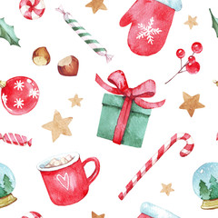 Watercolor hand drawn Christmas seamless pattern with Christmas stockings, candy canes, Christmas decorations, stars and toys on white background. Perfect for wrapping paper, textile design, print.