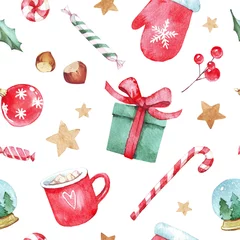 Tapeten Aquarell-Set 1 Aquarell handgezeichnete Weihnachten nahtlose Muster mit Weihnachtsstrümpfen, Zuckerstangen, Weihnachtsschmuck, Sternen und Spielzeug auf weißem Hintergrund. Perfekt für Geschenkpapier, Textildesign, Druck.