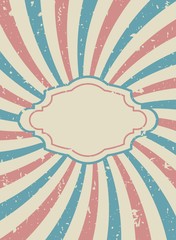 Sunlight retro vertical background with vintage frame for text. Pale red and beige color burst background.