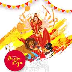 Obraz na płótnie Canvas Illustration of Hindu Mythological Goddess Durga attack demon with lion on brush stroke effect background for Happy Durga Puja celebration concept.
