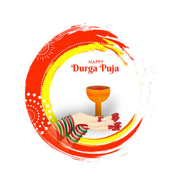 Happy Durga Puja celebration greeting card design with female hand holding  dhunuchi dhoop and brush stroke effect on white background. Stock Vector |  Adobe Stock