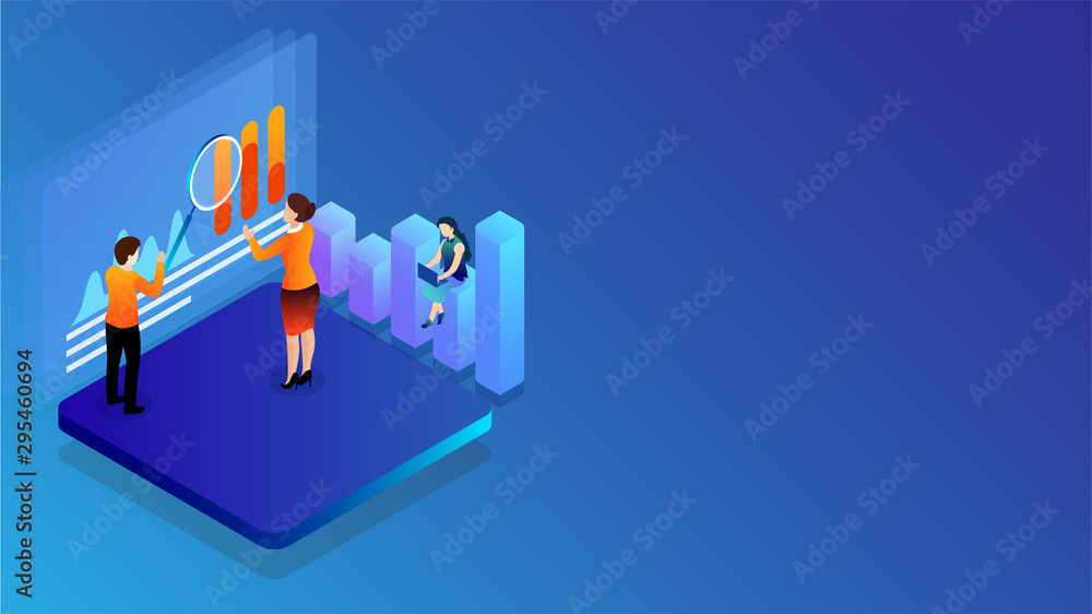 Poster illustration of miniature business people maintain or analyses the data, bar graph for data analysis