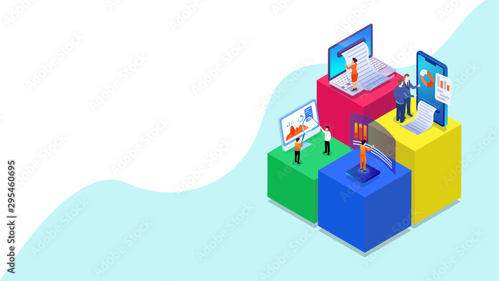Poster 3d illustration of miniature business people analysis the data with digital devices on different pla