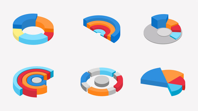 3D isometric illustration of colorful pie chart collection on white background.