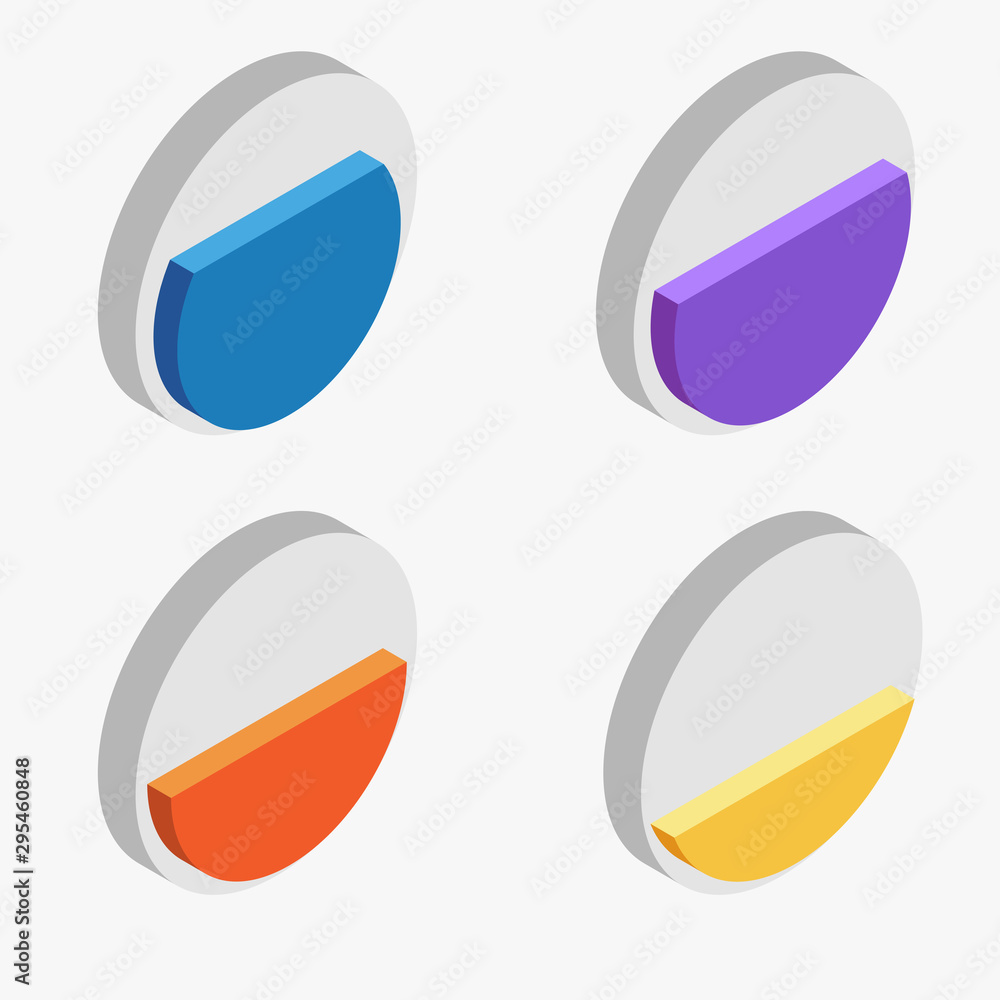 Poster 3d isometric illustration of pie chart collection in different color.