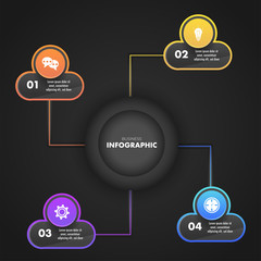 Business Infographic template design with four different steps on black background.