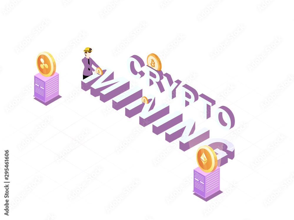 Poster 3d text crypto mining with virtual currencies on white background isometric design for crypto mining
