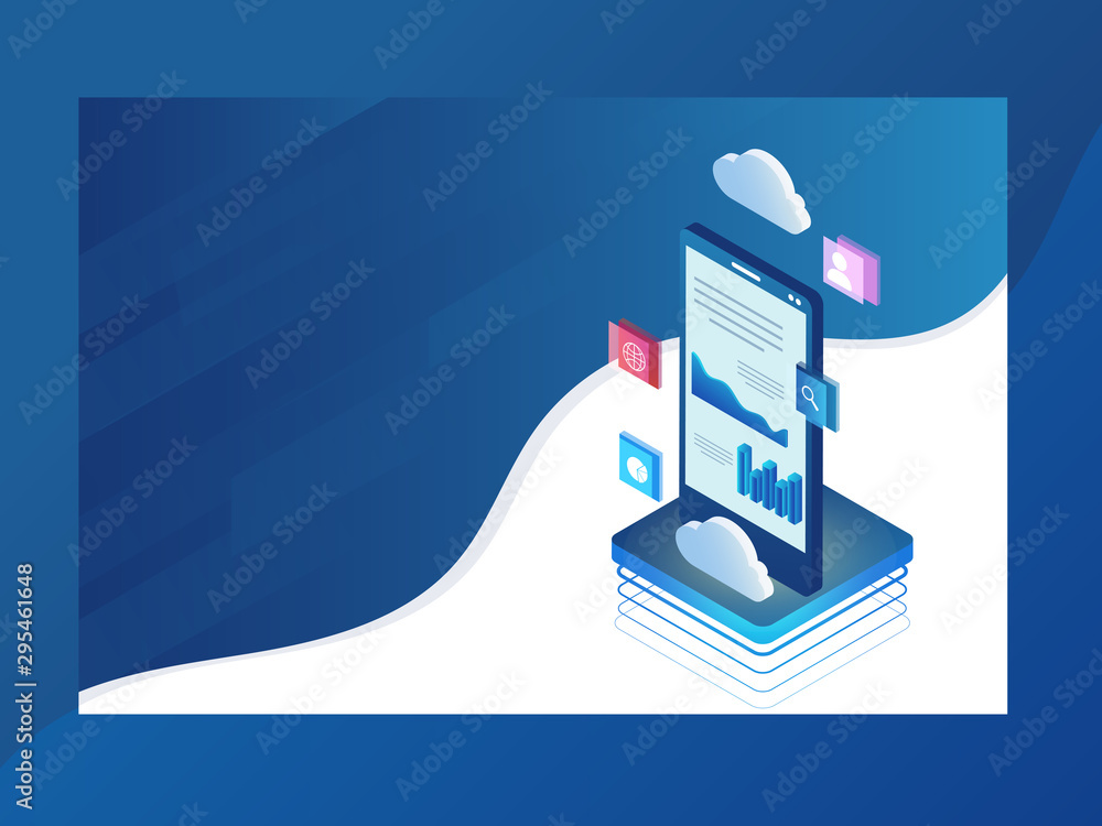 Poster data management concept based isometric design, smartphone illustration with multiple apps on abstra