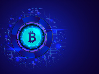 Glowing bitcoin on glossy blue digital background for crypto mining concept based isometric design.