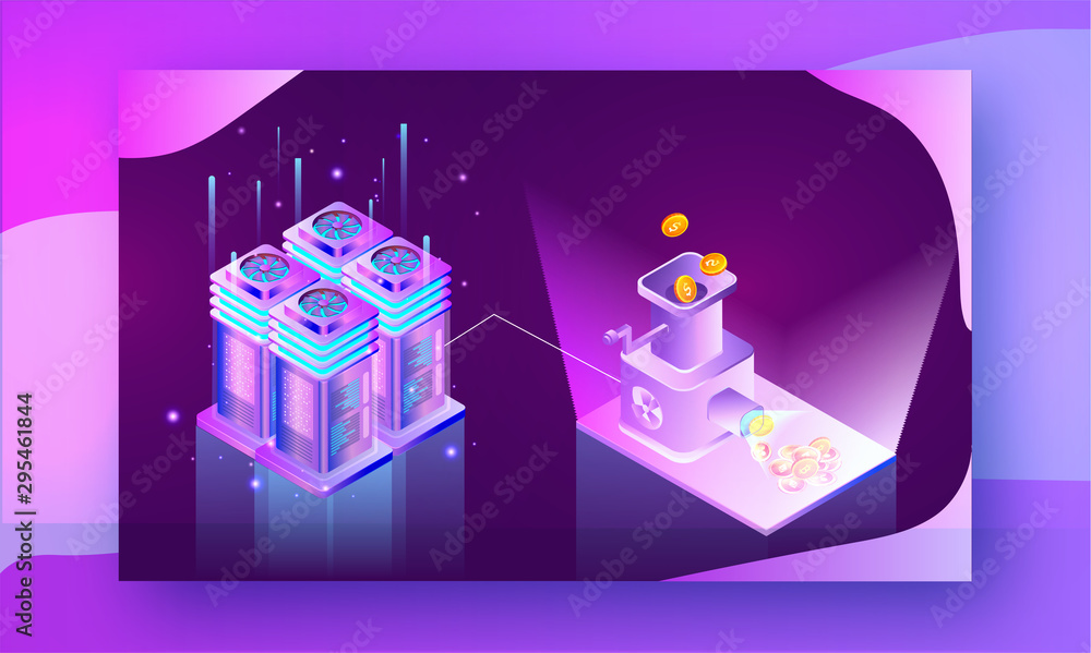 Wall mural Illustration of crypto coins exchange machine connected with crypto servers on shiny abstract background.