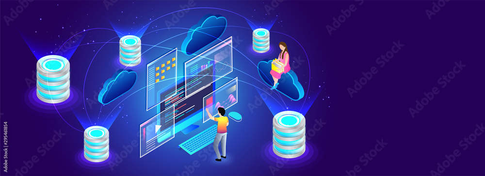 Poster multiple data and cloud servers connected to each other, miniature people manage or store the data. 