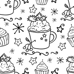 Texture with a repeating drink in a Christmas or New Year's mug. Coloring page or book, antistress, hobby. Pattern for any design. - Vector. Vector illustration