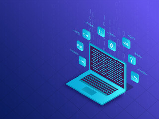 Isometric illustration of laptop with different programming languages on matrix coding blue background.