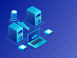 Isometric servers and laptop connected with cloud server for Data Center or Database concept.