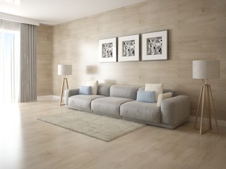Mock up a stylish living room with a compact comfortable sofa and fashionable modern background.