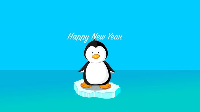 Baby penguin on ice floe wishes happy new year 2020. Cartoon penguin trying to fly.  Looping moving ice tower. Wave motion. Merry christmas. Noel, xmas Loop. 4k animal toon animation