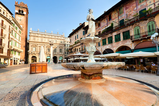 View of the Piazza delle Erbe in center of Verona city, Italy