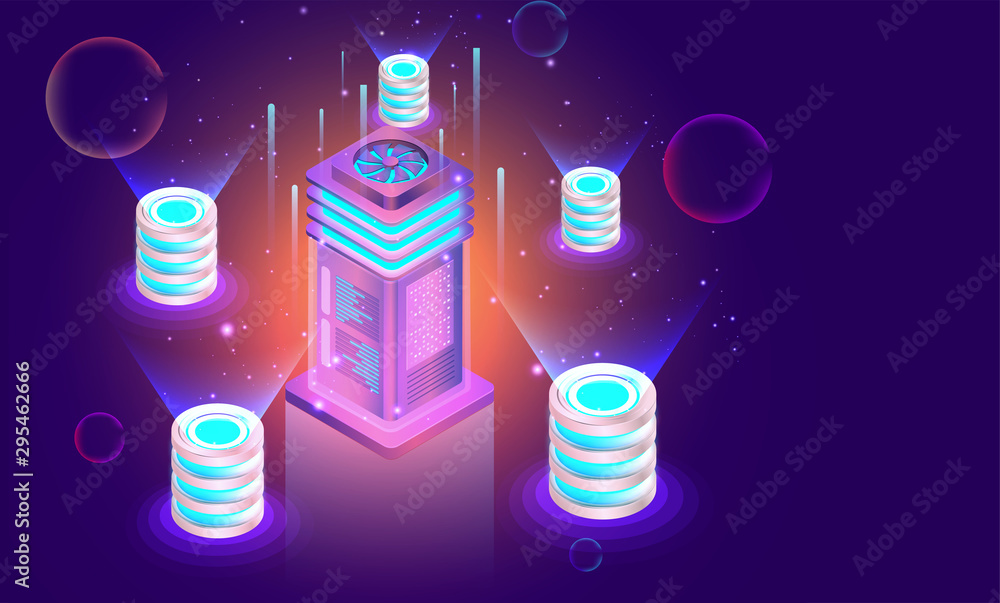 Wall mural 3d illustration of big data server connected with multiple database on blue background for Data center concept based isometric design.