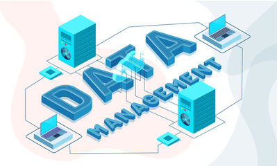 Data Management concept based isometric design, illustration of web servers connected to laptop on abstract background.