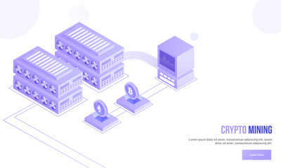 Isometric illustration of computer connected with crypto servers for Crypto Mining concept.
