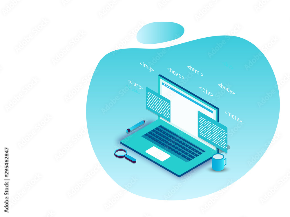 Poster isometric illustration of laptop with different programming languages or workplace of a developer, i