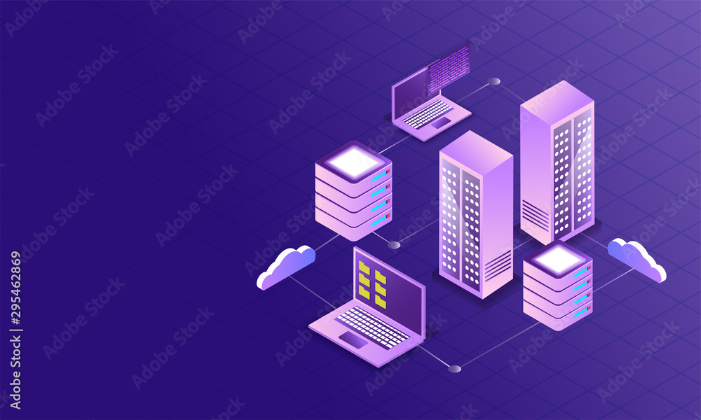 Aufkleber data management concept with 3d data server connected to laptop and cloud servers on purple backgrou