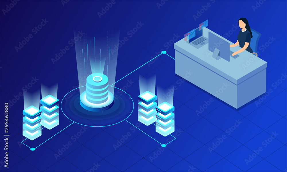 Poster glowing servers connected with database, lady analyst maintain the data on blue background for data 