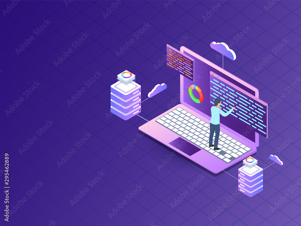 Poster 3d illustration of cloud servers connected with laptop, programmer fix the problem on purple backgro