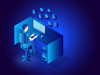 Isometric illustration of workspace of a developer, coding the program in desktop on glossy blue background.