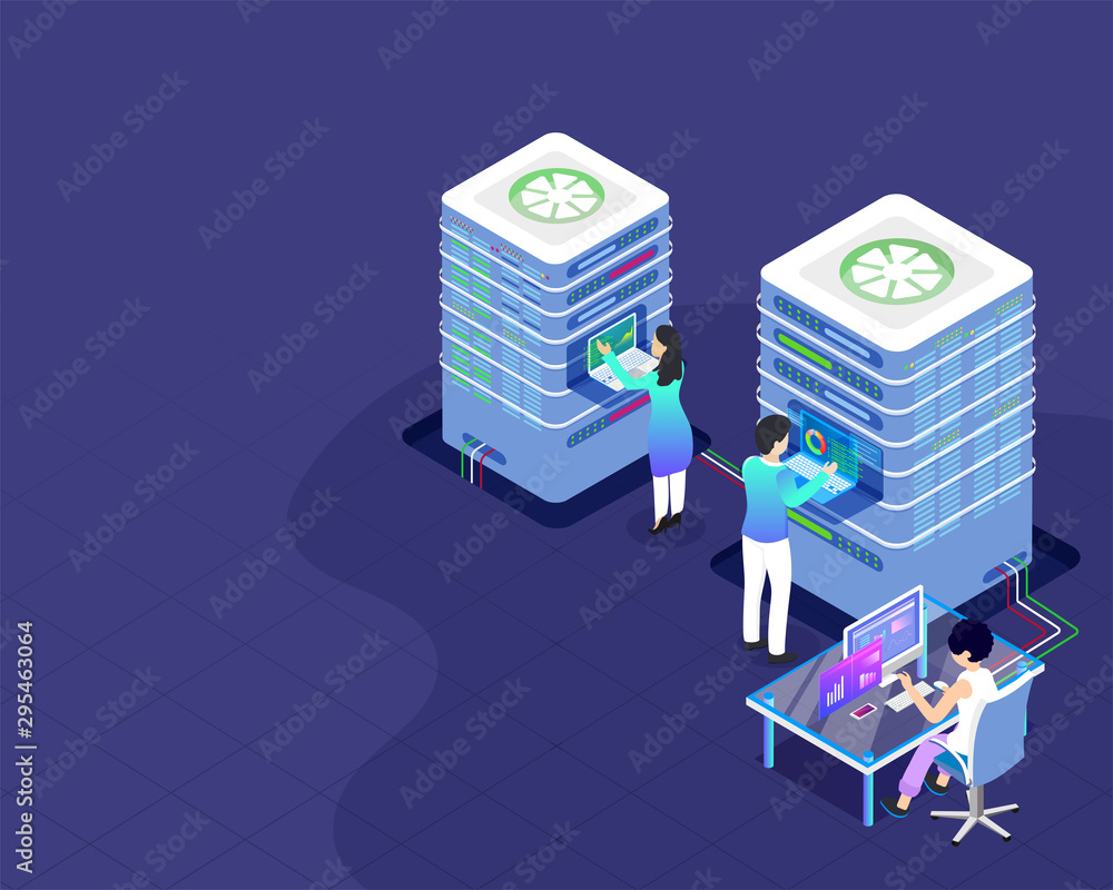 Aufkleber data center concept isometric design, illustration of web server, analyst maintain the data through 