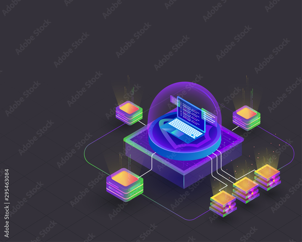 Poster 3d illustration of crypto mining servers connected with laptop, isometric design for data center con