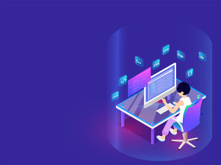 Developer working on desktop, different programing languages signs on shiny blue background for Software programming concept based isometric design.