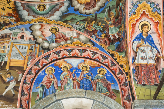 Religious frescoes representing St. Sophia and her sisters at the Rila Monastery, Bulgaria