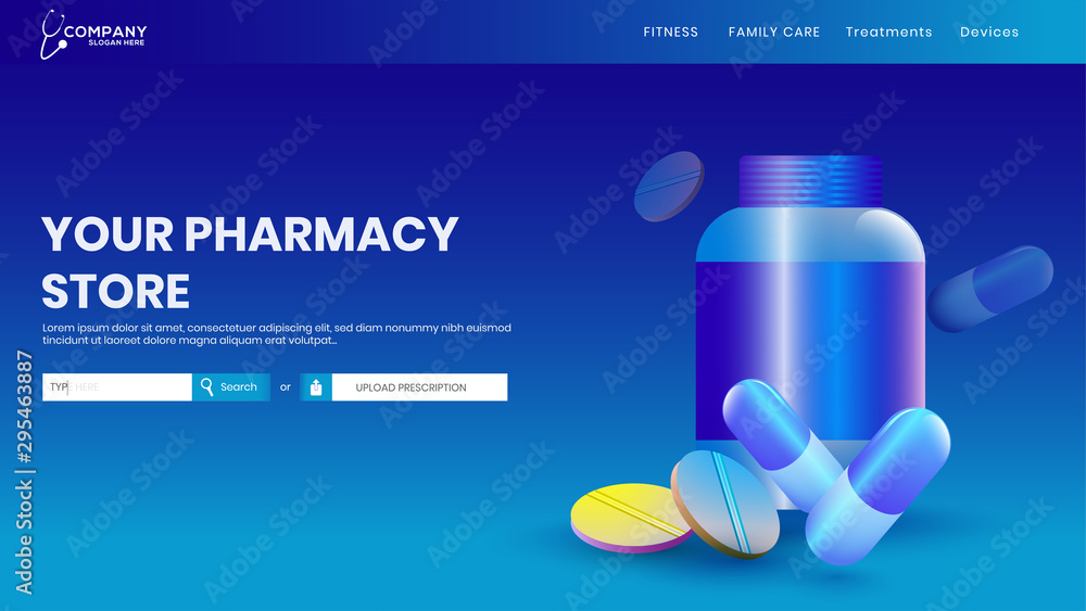 Sticker creative website template layout with medicine for health and medical concept. pharmacy store landin