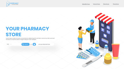 Online Pharmacy service with isometric view of medical shop on smartphone for website template or landing page design.