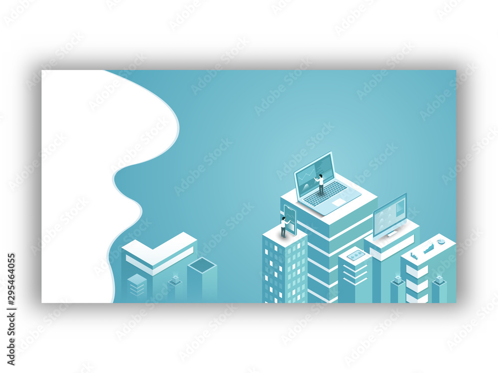 Aufkleber character of men working on laptop and smartphone device for managing big data of urban areas concep