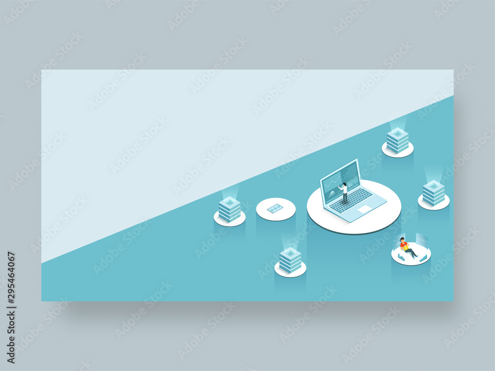 Poster isometric illustration of laptop connected with four servers data for data center concept landing pa