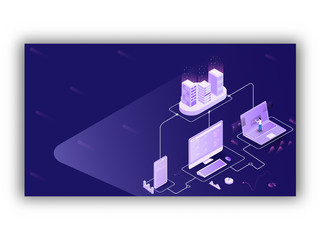 Responsive Landing Page or web template design with 3D isometric illustration of local server connected from laptop and smartphone for data sharing concept.