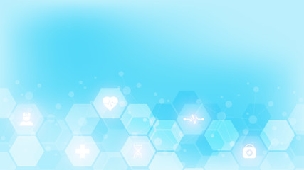 Abstract medical background with flat icons and symbols. Template design with concept and idea for healthcare technology, innovation medicine, health, science and research.