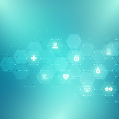 Abstract medical background with flat icons and symbols. Template design with concept and idea for healthcare technology, innovation medicine, health, science and research.