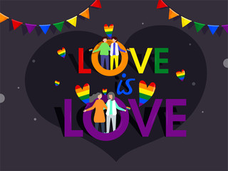 Love is Love concept with illustration of Gay and Lesbian couples and rainbow color bunting flags symbol of freedom.