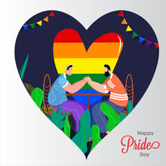 Happy Pride Day concept for LGBTQ community with gay couple holding hands and rainbow color freedom heartshape on background.