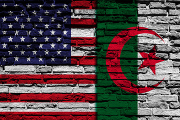 Flag of Algeria and United States of America on brick wall