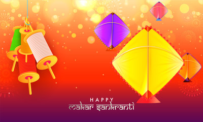 Colorful kites and spool hang on glossy blurred background poster or banner design for Makar Sankranti celebration.