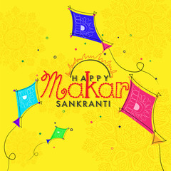 Happy Makar Sankranti greeting card design with doodle illustration of flying kites on yellow floral background.