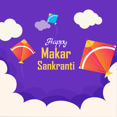 Festival celebration greeting card design with colorful kites flying in the sky on purple background for Makar Sankranti.